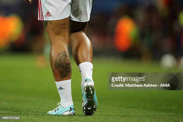 Lion tattoo on the back on the left leg of Memphis Depay of Manchester United during the UEFA Champions League match between Manchester United and...