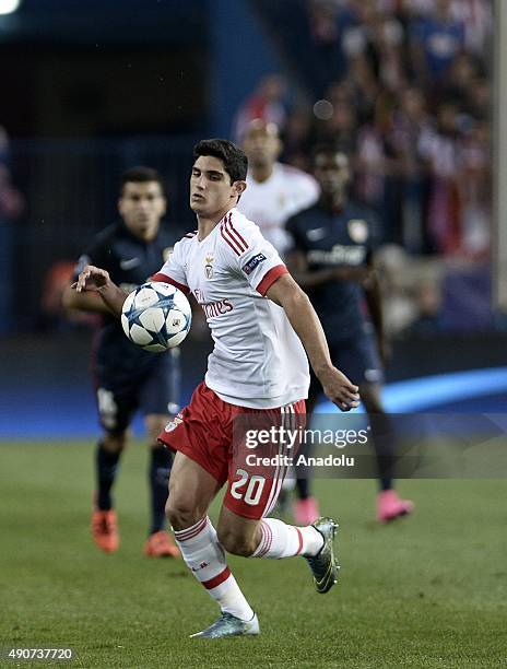 Goncalo Guedes of SL Benfica competes for the ball during the UEFA Champions League Group C match between Club Atletico de Madrid and SL Benfica at...