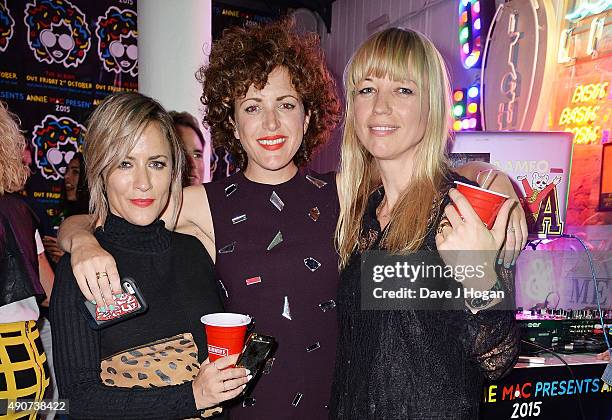 Caroline Flack, Annie Mac and Sara Cox attend the Anne Mac Presents 2015 album launch party at Lights Of Soho on September 30, 2015 in London,...