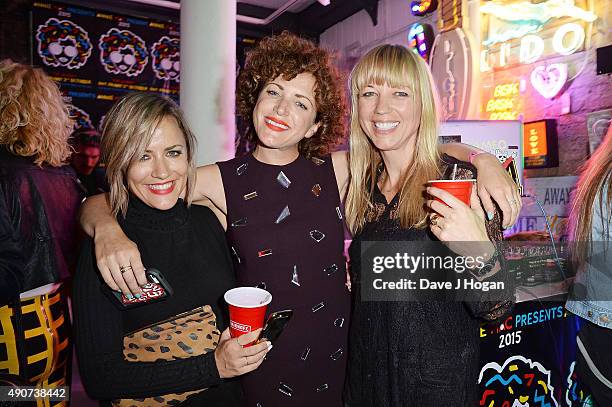 Caroline Flack, Annie Mac and Sara Cox attend the Anne Mac Presents 2015 album launch party at Lights Of Soho on September 30, 2015 in London,...