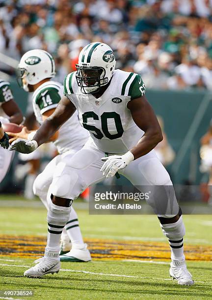 Brickashaw Ferguson of the New York Jets in action against the Philadelphia Eagles during their game at MetLife Stadium on September 27, 2015 in East...
