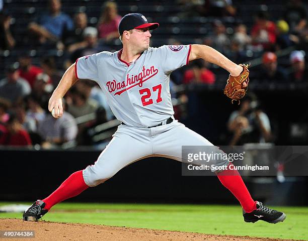 Jordan Zimmermann of the Washington Nationals throws a third inning pitch against the Atlanta Braves at Turner Field on September 30, 2015 in...