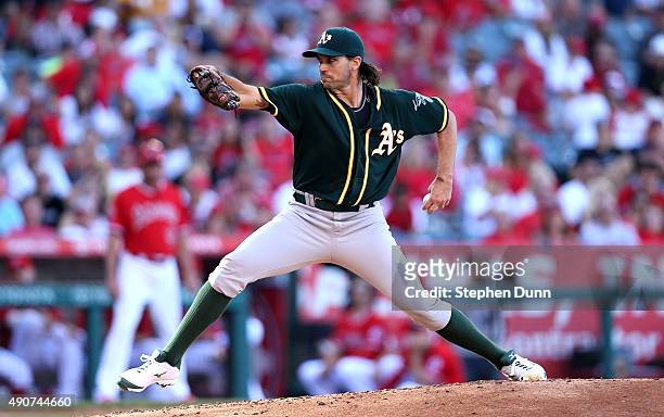 Barry Zito of the Oakland Athletics throws a pitch against the Los Angeles Angels of Anaheim at Angel Stadium of Anaheim on September 30, 2015 in...