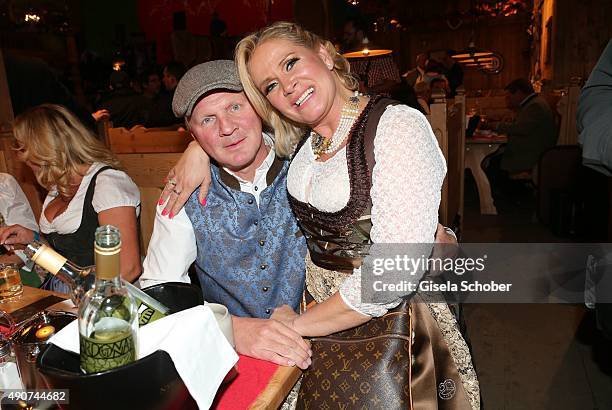 Stefan Effenberg and his wife Claudia Effenberg during the Oktoberfest 2015 at Weinzelt / Theresienwiese on September 30, 2015 in Munich, Germany.