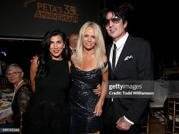 Sofia Toufa, actress Pamela Anderson and musician Tommy Lee attend PETA's 35th Anniversary Party at Hollywood Palladium on September 30, 2015 in Los...