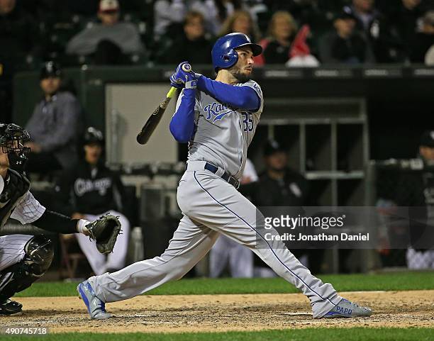 Eric Hosmer of the Kansas City Royals hits a two-run home run in the 10th inning against the Chicago White Sox at U.S. Cellular Field on September...