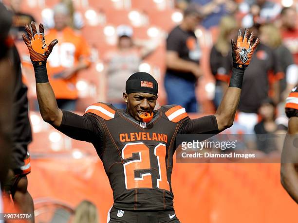 Cornerback Justin Gilbert of the Cleveland Browns stretches prior to a game against the Oakland Raiders on September 27, 2015 at FirstEnergy Stadium...