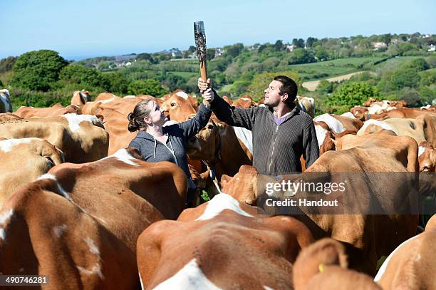 In this handout image provided by Glasgow 2014 Ltd, Susie and Michael Bray hold the Commonwealth Games Baton amongst their herd of cows at Les...