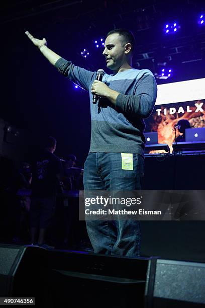 President, Advertising Week Lance Pillersdorf speaks on stage at the TIDAL Live event during Advertising Week 2015 AWXII at Webster Hall on September...