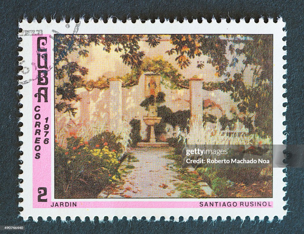 Cuban 1976 stamp depicting a painting of a garden by...