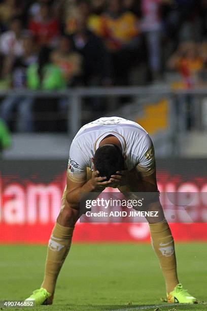 Eduardo Herrera of Pumas reacts during their Mexican Apertura 2015 tournament football match at the Morelos stadium in Morelia, Michoacan on...