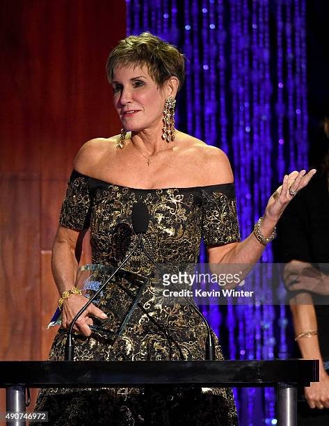 Political consultant Mary Matalin accepts the Vegan award onstage at PETA's 35th Anniversary Party at Hollywood Palladium on September 30, 2015 in...