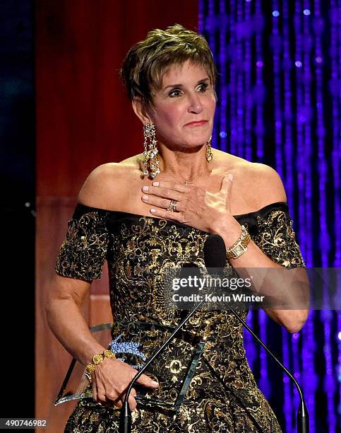 Political consultant Mary Matalin accepts the Vegan award onstage at PETA's 35th Anniversary Party at Hollywood Palladium on September 30, 2015 in...