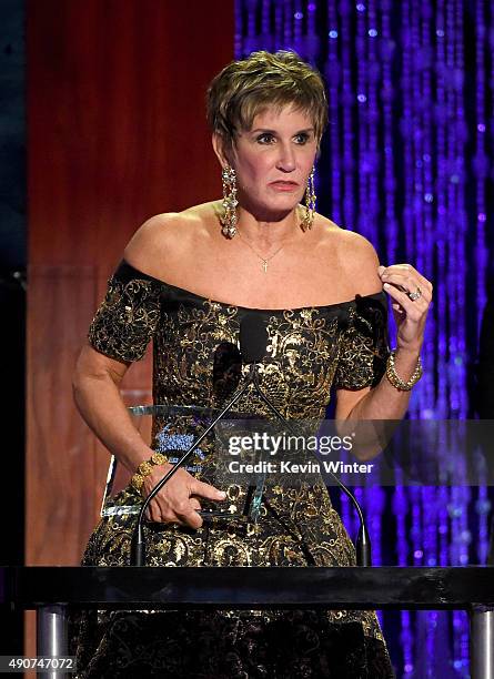 Political consultant Mary Matalin accepts the Vegan award onstage at PETA's 35th Anniversary Party at Hollywood Palladium on September 30, 2015 in...