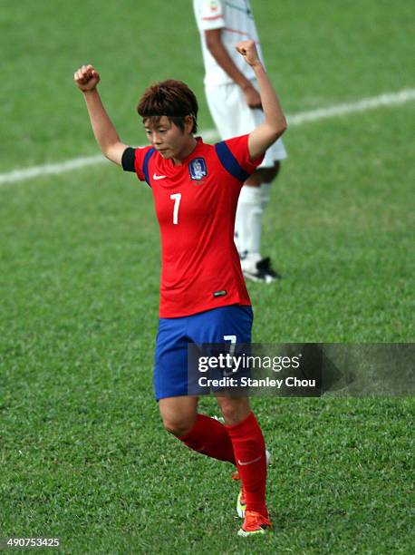 Jeon Ga Eul of Korea Republic celebrates after scoring against Myanmar during the AFC Women's Asian Cup Group B match between Korea Republic and...