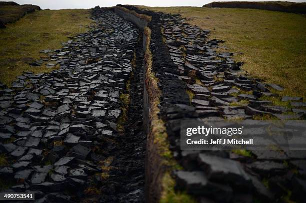 Peat is left to dry on a moor near the village of Cross on May 14, 2014 in Lewis, Scotland. The tradition of peat cutting has seen a revival over...