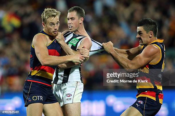 Sam Kerridge and Taylor Walker wrestle with Nick Maxwell of the Magpies during the round nine AFL match between the Adelaide Crows and the...
