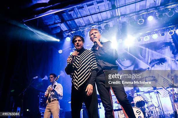 Nick McCarthy, Russell Mael, and Alex Kapranos of FFS perform live at the Phoenix Concert Theatre on September 30, 2015 in Toronto, Canada.