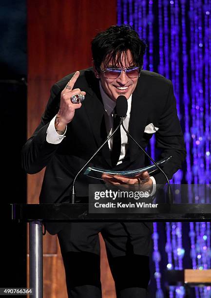 Musician Tommy Lee accepts the Skins award onstage at PETA's 35th Anniversary Party at Hollywood Palladium on September 30, 2015 in Los Angeles,...
