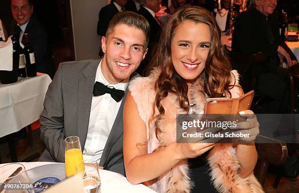 Joey Heindle and his girlfriend Justine Dippl during Ralph Siegel's 70th birthday party at Schuhbeck's Teatro on September 30, 2015 in Munich,...