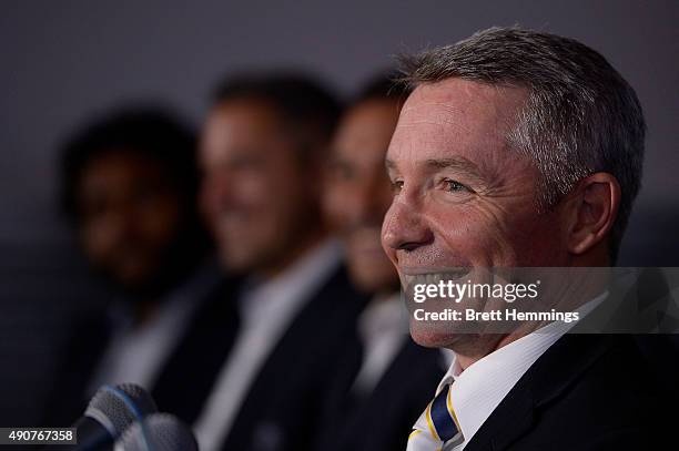 Paul Green, coach of the Cowboys looks on during the official 2015 NRL Grand Final press conference at The Star Room on October 1, 2015 in Sydney,...