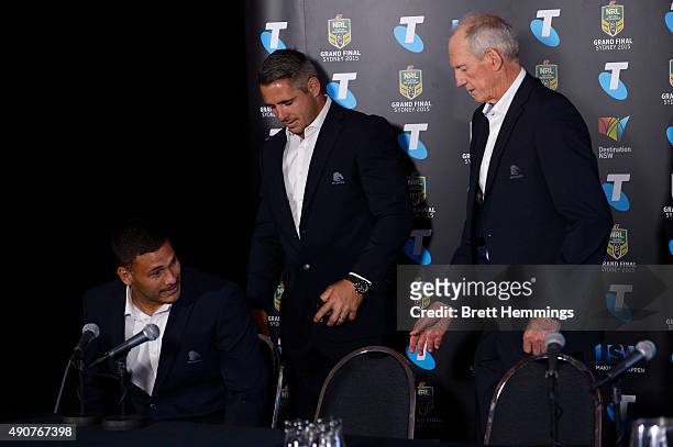 Justin Hodges, Corey Parker and Wayne Bennett of the Broncos arrive at the official 2015 NRL Grand Final press conference at The Star Room on October...