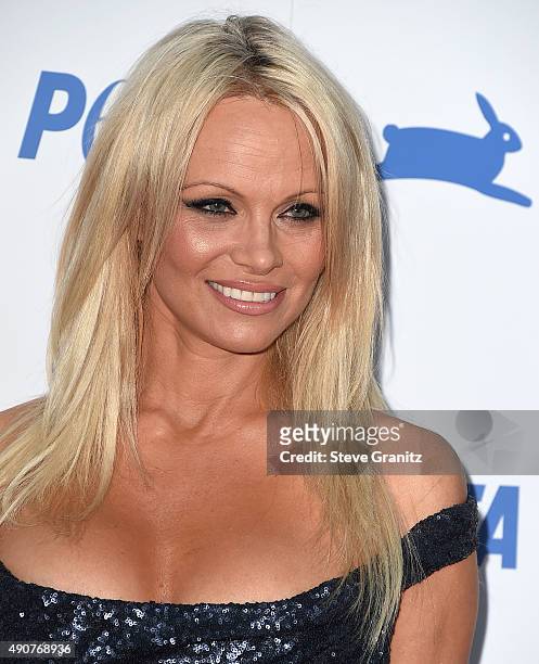 Pam Anderson arrives at the PETA's 35th Anniversary Party at Hollywood Palladium on September 30, 2015 in Los Angeles, California.
