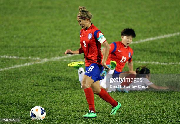Cho So Hyun of Korea Republic dribbles during the AFC Women's Asian Cup Group B match between Korea Republic and Myanmar at Thong Nhat Stadium on May...