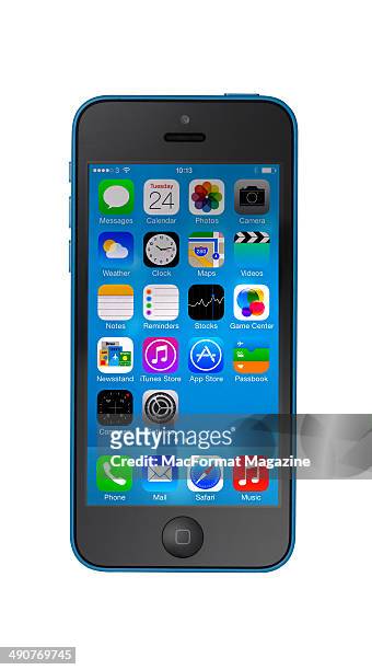 Portrait of an Apple iPhone 5C smartphone photographed on a white background, taken on September 20, 2013.