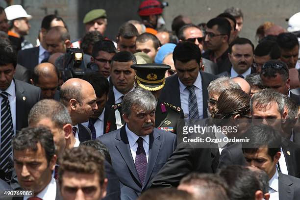 Turkish President Abdullah Gul visits the mine after a coal mine explosion, on May 15, 2014 in Soma, Turkey. Loudspeakers broadcast the names of the...