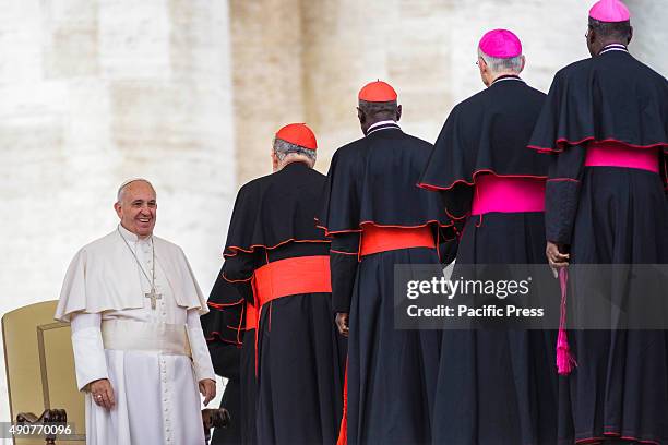 Pope Francis greets cardinals as he attends Weekly General Audience in St. Peter's Square in Vatican City. Pope Francis recalled his Apostolic...