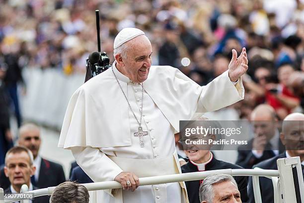 Pope Francis delivers his blessing as he attends Weekly General Audience in St. Peter's Square in Vatican City. Pope Francis recalled his Apostolic...