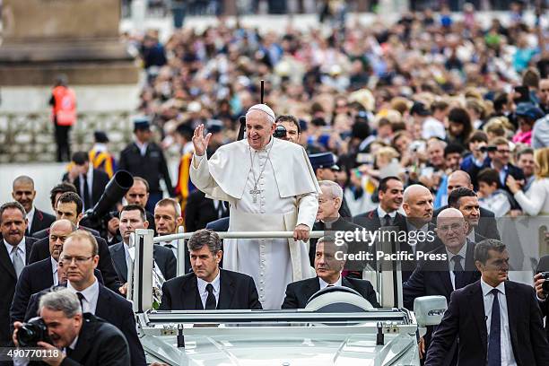 Pope Francis delivers his blessing as he attends Weekly General Audience in St. Peter's Square in Vatican City. Pope Francis recalled his Apostolic...