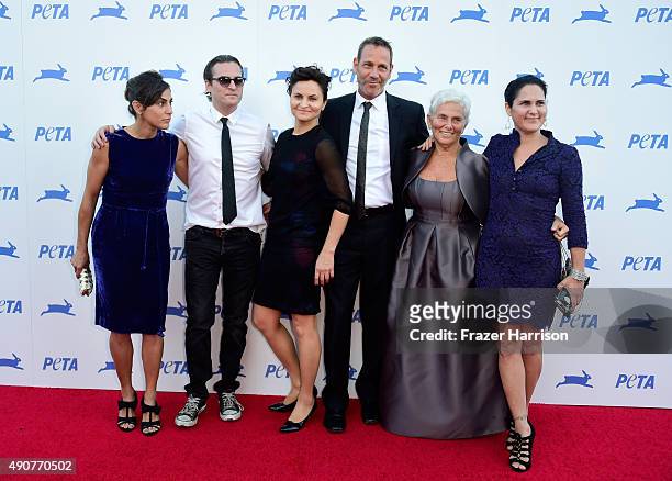 Actors Joaquin Phoenix, Arlyn Phoenix, Rain Phoenix, Liberty Phoenix, Jeffrey Weisberg, Summer Phoenix arrive at PETA's 35th Anniversary Party at...