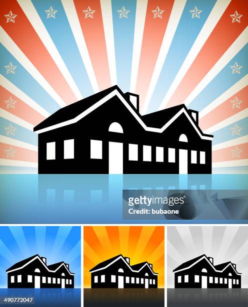 commercial building set with stars - blue house red door stock illustrations