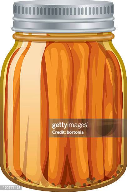 pickled carrots in glass jar isolated on white - cucumber slices white background stock illustrations