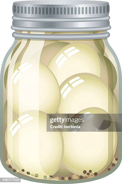 pickled eggs in glass jar isolated on white - boiled egg white background stock illustrations