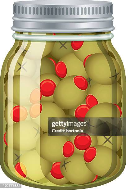 olives in glass jar isolated on white - pimento stock illustrations