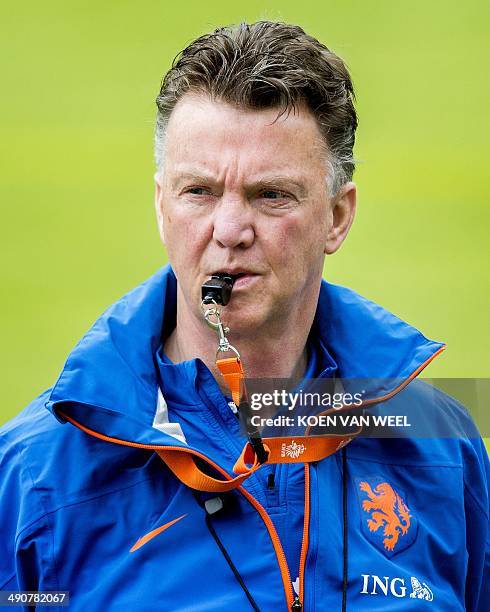 Dutch national football team coach Louis van Gaal takes part in a training session of the Dutch team in Hoenderloo, the Netherlands, on May 15 ahead...