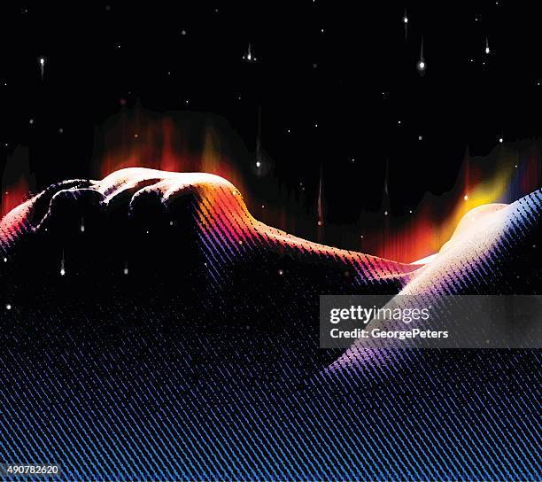 woman dreaming with northern lights and space - one woman only stock illustrations