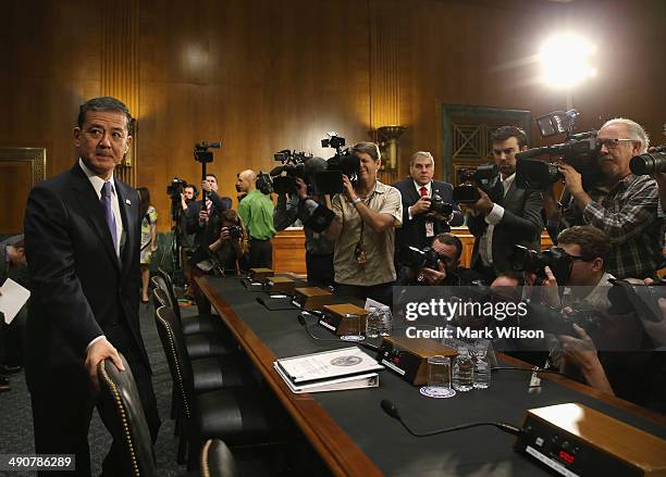 Veterans Affairs Secretary Eric Shinseki arrives at a Senate Veterans' Affairs Committee hearing that is focusing on wait times veterans face to get...