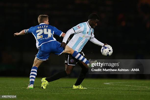 Jamie Allen of Rochdale and Larnell Cole of Shrewsbury Town during the Sky Bet League One match between Rochdale and Shrewsbury Town at Spotland...