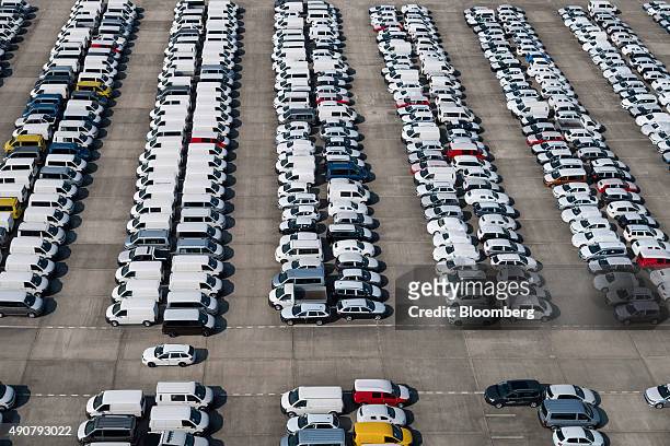 An aerial view of automobiles stockpiled at the Swiss auto distributor AMAG, a unit of Careal Holding AG, with brands including VW Volkswagen AG,...