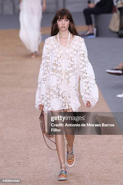 Model walks the runway during the Chloe show as part of the Paris Fashion Week Womenswear Spring/Summer 2016 on October 1, 2015 in Paris, France.