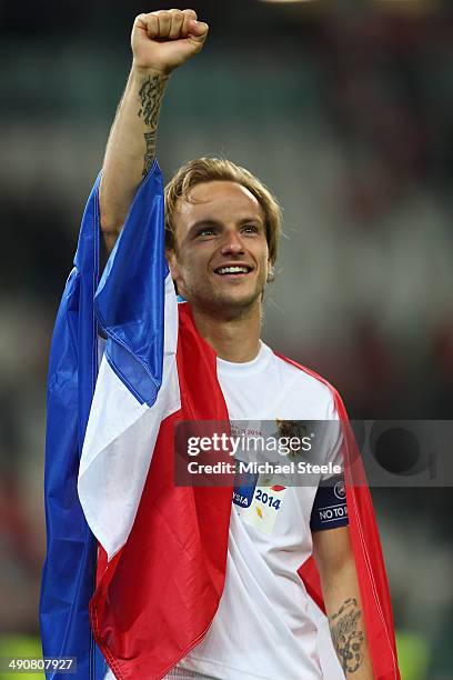 Ivan Rakitic of Sevilla FC celebrates his sides victory after a penalty shoot out during the UEFA Europa League Final between Sevilla FC and SL...