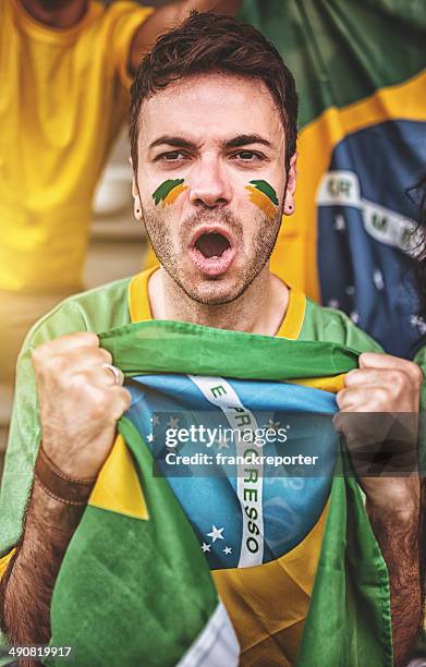brazilian supporter with brazil flag - a brazil supporter stockfoto's en -beelden