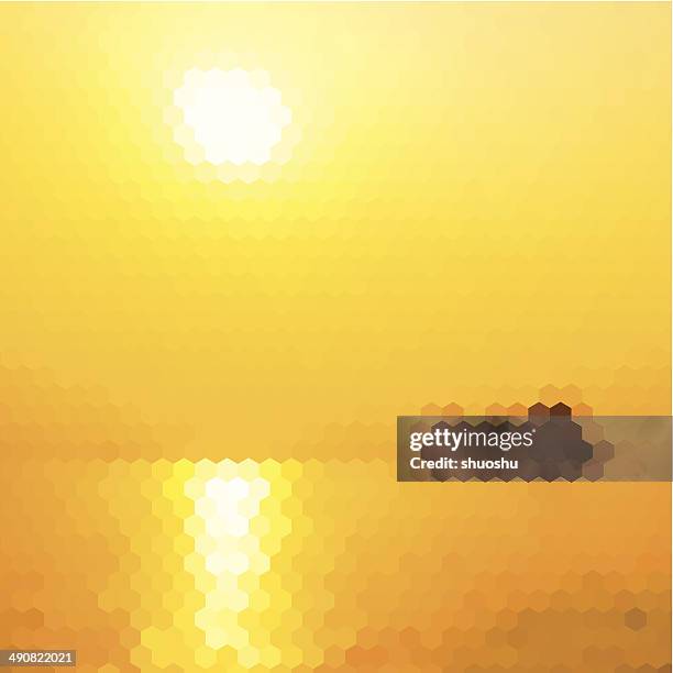 abstract yellow hexagon sun with sea pattern background - deflated stock illustrations