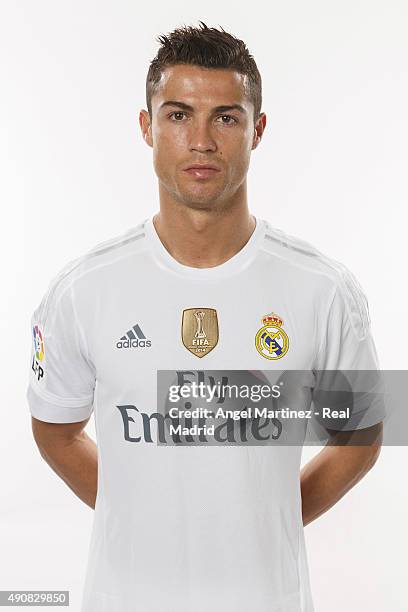 Cristiano Ronaldo of Real Madrid poses during the official portrait photocall at Valdebebas training ground on September 28, 2015 in Madrid, Spain.