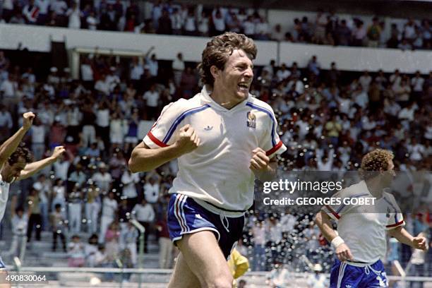 French player Luis Fernandez jubilates after scoring during the World Cup football match between France and Soviet Union, on June 5, 1986 in Leon.