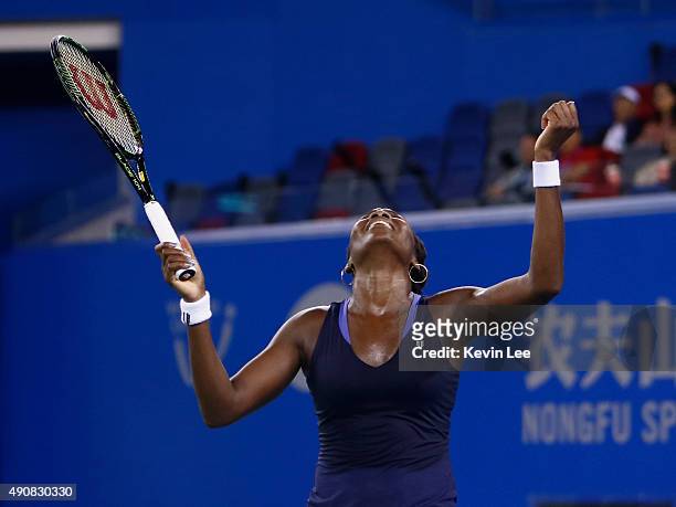 Venus Williams of United States celebrates after winning the match against Johanna Konta of Great Britain on day 5 at 2015 Dongfeng Motor Wuhan Open...